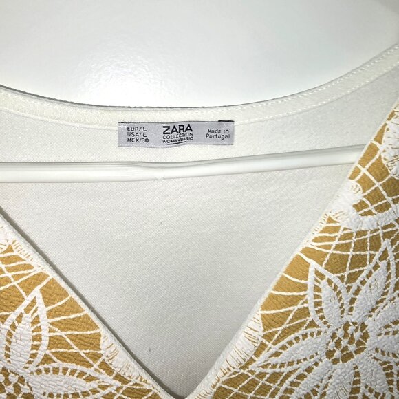 Zara Blouse Yellow White Textured Top Size Large short Sleeve Floral - Picture 6 of 6